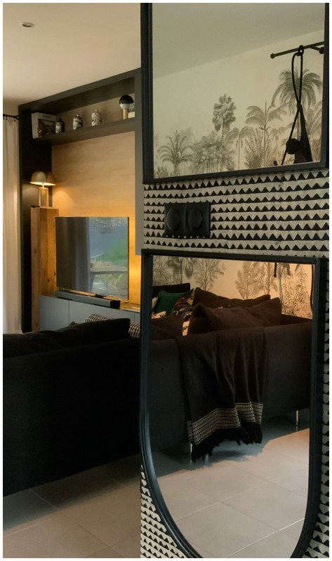 Décoration intérieure  pour cette maison située à Coutheron près d'Aix en Provence: un meuble tv intégré au volume de la maison